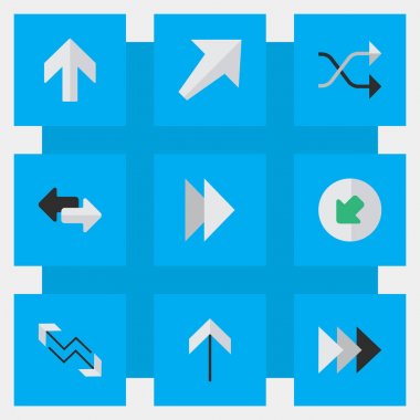 Vektör çizim basit oklar simgeler kümesi. Öğeleri yukarı, alma, ileri ve diğer eş anlamlı kuzeybatı ileri ve düzensizce.