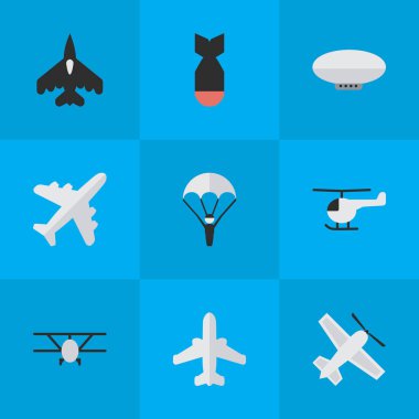 Vektör çizim basit uçak simgeler kümesi. Öğeleri uçan araç, uçak, uçak ve diğer eş anlamlı uçak, Havacılık ve roket.