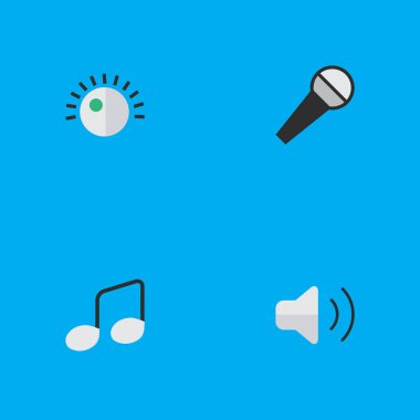 Vektör çizim basit bir müzik simgeler kümesi. Öğeleri regülatörü, Ses yüksekliği, müzik işareti ve diğer eş anlamlı ses, işaret ve amplifikatör.