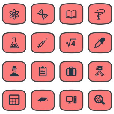 Vektör çizim basit bilim simgeler kümesi. Öğeleri şırınga, sarmal, şişesi ve diğer eş anlamlı araştırmacı pipet ve ders kitabı.