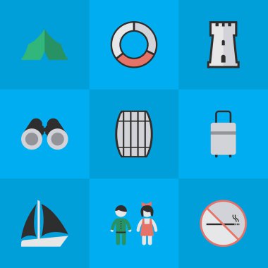 Vektör çizim sade seyahat etmek simge kümesi. Öğeleri Schooner, yasak duman, fıçı ve diğer eş anlamlı kale, savunma ve vizyon.
