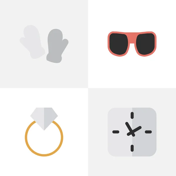 Vektoros illusztráció csoportja ikonok egyszerű berendezés. Elemek időt, elkötelezettség, kesztyű és egyéb szinonimák ruhával, szemüveg és ékszerek. — Stock Vector