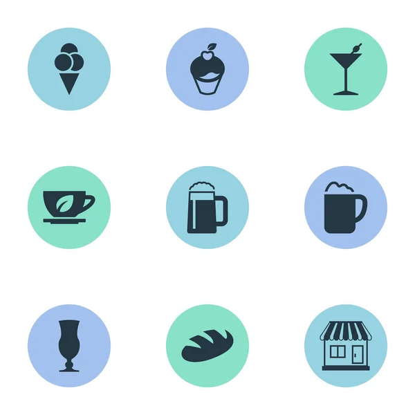 Vector illustratie Set van eenvoudige drank iconen. Elementen Ale Pint, brood, Pub en andere synoniemen kegel, drank en Cupcake. — Stockvector