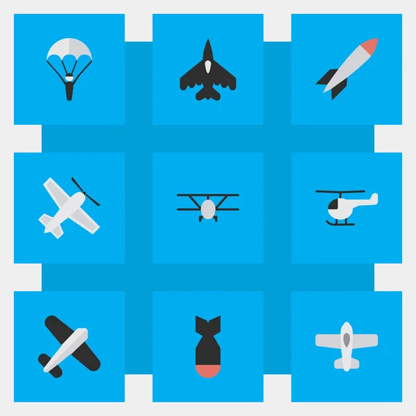 Vector εικονογράφηση σύνολο εικονιδίων απλό αεροπλάνο. Στοιχεία πυραύλων, καταπέλτες, σκάφη και άλλα συνώνυμα βόμβα, ελικόπτερο, και ο άνθρωπος. — Διανυσματικό Αρχείο