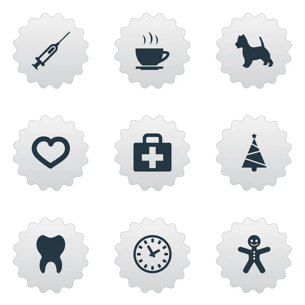 Vector illustratie Set van eenvoudige huishoudelijke iconen. Elementen-tijd, warme dranken, spuit en andere synoniemen hond, Cookie en injectie. — Stockvector