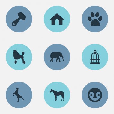Vektör çizim basit hayvanlar simgeler kümesi. Öğeleri Safari, Hipodrom, kıvırcık köpek yavrusu ve diğer eş anlamlı hapishane, evde beslenen hayvan ve ayak izi.
