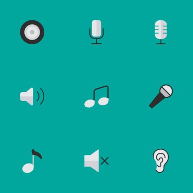 Vektör çizim basit simgeler kümesi. Öğeleri dinle, mikrofon, Not ve diğer eş anlamlı kayıt amplifikatör ve mikrofon.