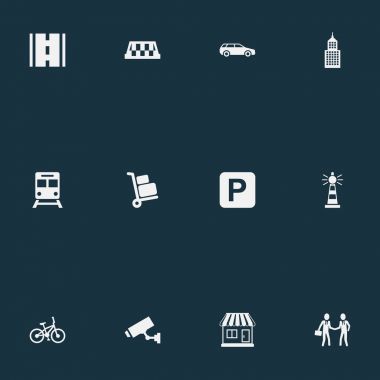 Vektör çizim basit altyapı simgeler kümesi. Öğeleri Havaalanı sepeti, taksi, gözetim ve diğer eş anlamlı Kiosk otomatik ve Bagaj.