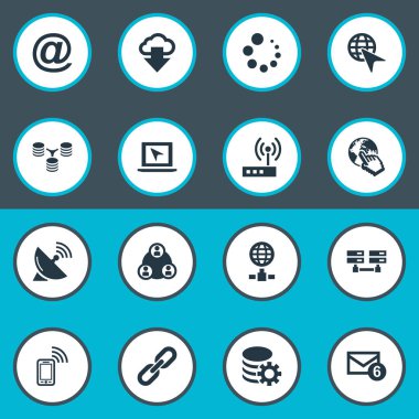 Vektör çizim basit ağ simgeler kümesi. İşleme, Upload ve Laptop dizüstü bilgisayar, sunucu ilişki ve diğer eş, e-posta öğeleri.