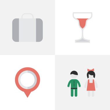 Vektör çizim Set basit simgeler sakin ol. Öğeleri çanta, çifti, şarap ve diğer eş anlamlı PIN, çift ve çanta.