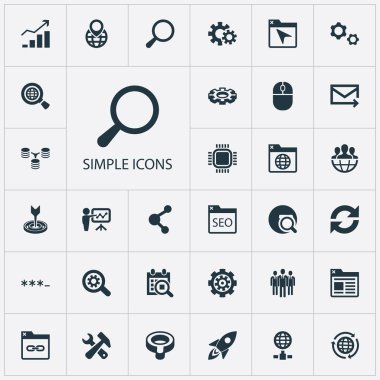 Vektör çizim basit optimizasyonu simgeler kümesi. Öğeleri gruplandırma, yer imi, paylaşım ve diğer eş anlamlı birim güncelleştirme ve anakart.