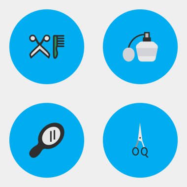 Vektör çizim basit Kuaför simgeler kümesi. Öğeleri cam, tarak, makas ve diğer eş anlamlı ayna, Kuaför ve kesme makineleri.