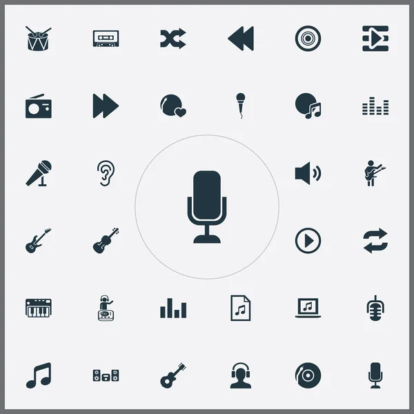 Vektör çizim basit simgeler kümesi. Öğeleri başlamak düğme, megafon, pikap ve diğer eş anlamlı Karaoke kaydedici ve ekolayzer. — Stok Vektör