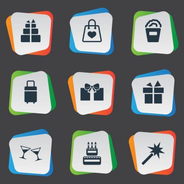 Vektör çizim basit bayram simgeler kümesi. Öğeleri büyü, kokteyl, bugünü ve diğer eş anlamlı kova, Bagaj ve mum.