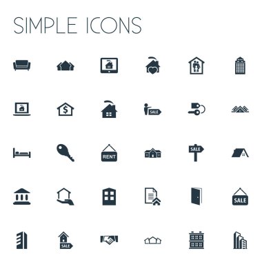 Vektör çizim basit özellik simgeler kümesi. Reklam öğeleri, cam kule, konfor ve diğer eş kilitlemek, izlemek ve komisyoncu.