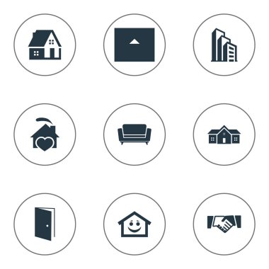 Vektör çizim basit gerçek simgeler kümesi. Öğeleri Smiley Casa, ortaklık, konut ve diğer eş anlamlı kalp ikamet ve yazlık.