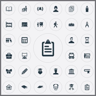 Vektör çizim basit bilgi simgeler kümesi. Öğeleri öğrenci, interaktif ders, Kürsü ve diğer eş anlamlı kitap, kap ve öğrenme.