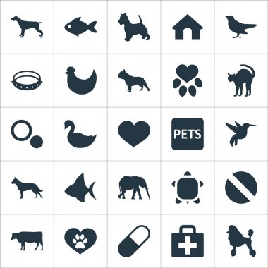 Vektör çizim basit Fauna simgeler kümesi. Öğeleri Okyanus balık, ayak izi, uyuşturucu ve diğer eş anlamlı aşk, İngilizce ve evde beslenen hayvan.
