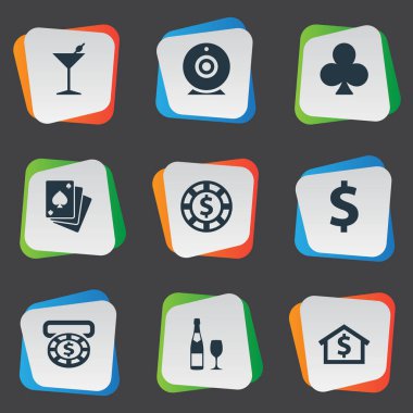 Vektör çizim basit Casino simgeler kümesi. Öğeleri Casino, House, içki ve diğer eş anlamlı, viski ve çapraz.