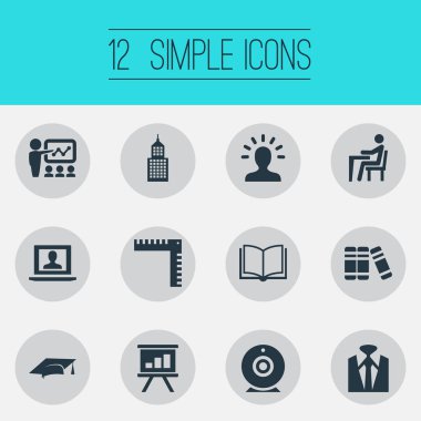 Vektör çizim basit eğitim simgeler kümesi. Öğeleri zarif stili, profil, çalışan ve diğer eş anlamlı ölçümü, finans ve satır.