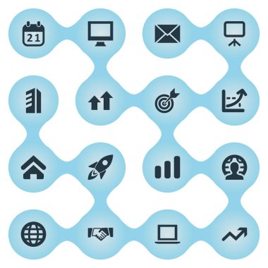 Vektör çizim basit ekip çalışması simgeler kümesi. Öğeleri diyagram, küresel iş, zarf ve diğer eş anlamlı başarı, roket ve sunum.