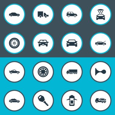 Vektör çizim basit taşıma simgeler kümesi. Öğeleri kamyon durağı, Auto, taşıma temizlik ve diğer eş anlamlı polis duş ve yol.