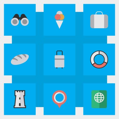 Vektör çizim sade seyahat etmek simge kümesi. Öğeleri kule, ekmek, görme duyusuyla ilgili vınlamak ve diğer eş anlamlı yeri kale ve bavul.