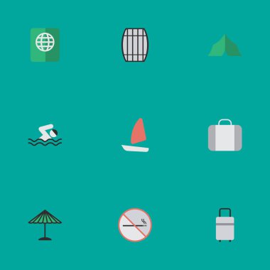 Vektör çizim basit tatil simgeler kümesi. Elemanları fıçı, Havuzu, yasak duman ve diğer eş anlamlı Bagaj gemi ve Yüzme.
