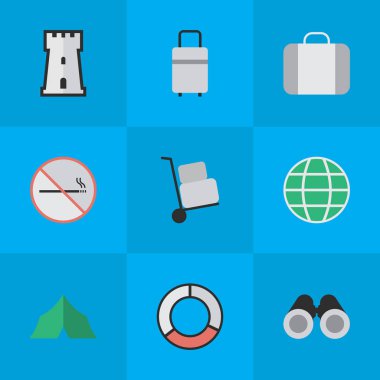 Vektör çizim basit tatil simgeler kümesi. Öğeleri deniz kurtarma, yasak duman, dünya ve diğer eş anlamlı çadır, kargo ve yasak.