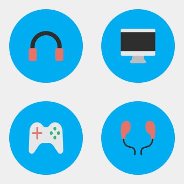 Vektör çizim basit cihazlar simgeler kümesi. Öğeleri Gamepad, kulaklık, ekran ve diğer eş anlamlı Gamepad kulaklık ve kulaklık.