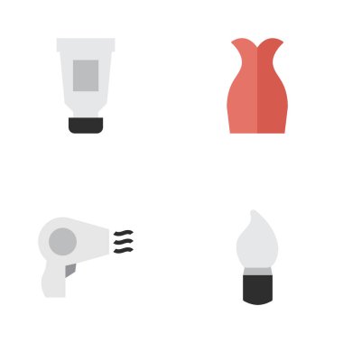 Vektör çizim basit güzellik simgeler kümesi. Öğeleri elbise, bodur, diş macunu ve diğer eş anlamlı şişe fırçalayın ve diş macunu.