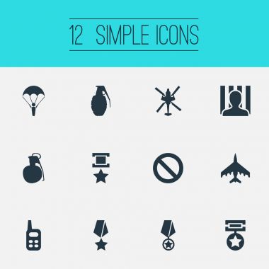 Vektör çizim basit savaş simgeler kümesi. Öğeleri Gardiyan, helikopter, madalya ve diğer eş anlamlı savaş-uçak, mahkum ve el bombası.