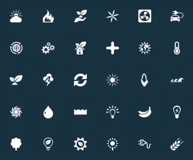 Vektör çizim basit ekoloji simgeler kümesi. Öğeleri Eko ev, orman, soket ve diğer eş anlamlı ampul, Fan ve eskrim.
