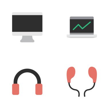 Vektör çizim basit araç simgeler kümesi. Öğeleri ekran, dizüstü bilgisayar, kulaklık ve diğer eş anlamlı istatistikler ekranı ve kulaklık.