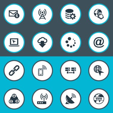 Vektör çizim basit Web simgeler kümesi. Posta öğeleri zinciri, posta işareti, ekip çalışması ve diğer eş anlamlı Laptop ve yükleme.