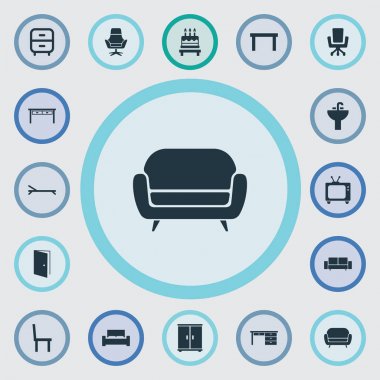 Vektör çizim basit mobilyalar simgeler kümesi. Öğeleri Office koltuk, Tv, sehpa ve diğer eş anlamlı Danışma, mobilya ve doğum günü.