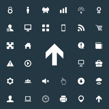 Vektör çizim basit kullanıcı arabirimini simgeler kümesi. Öğeleri bavul, sessizlik, ünlem işareti ve diğer eş anlamlı ekran, Fotokopi makinesi ve somun.