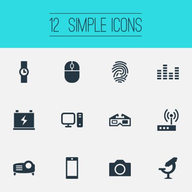 Vektör çizim basit Gadget simgeler kümesi. Öğeleri Pc, Smartphone, akü ve diğer eş anlamlı birim projektör ve parmak izi.