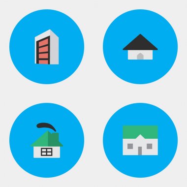 Vektör çizim basit özellik simgeler kümesi. Öğeleri Bankası, inşaat ve diğer eş anlamlı inşaat, konut, ev ve bina.