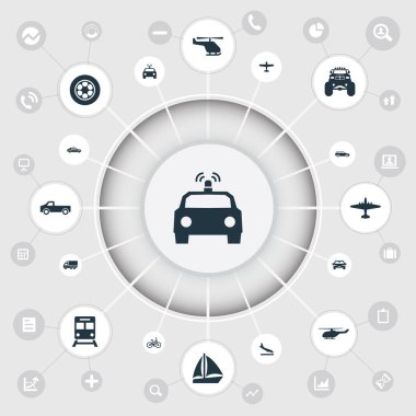 Vektör çizim basit ulaşım simgeler kümesi. Öğeleri polis Araba, Aerocab, Motor ve diğer eş polis, uçakların ve yat.