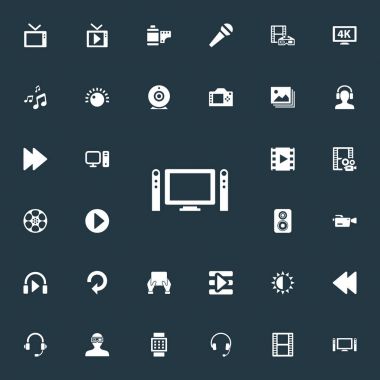 Vektör çizim basit simgeler kümesi. Öğeleri film, arkaya, televizyon ve diğer eş anlamlı bilgisayar cihazları ve film.