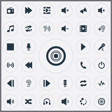 Vektör çizim basit ses simgeler kümesi. Öğeleri yenileme, dalga, Upload ve diğer eş anlamlı anteni, melodi ve Yinele.