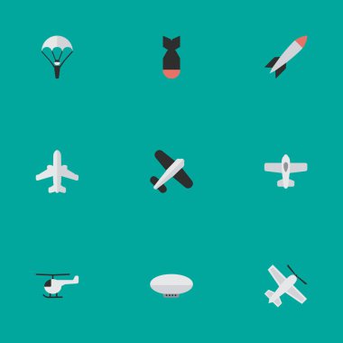 Vektör çizim basit uçak simgeler kümesi. Öğeleri helikopter, tekne, mancınık ve diğer eş anlamlı araç, balonlar ve uçak.