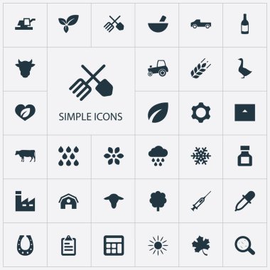 Vektör çizim basit tarım simgeler kümesi. Öğeleri ahşap, şırınga, pestisit ve diğer eş anlamlı sanayi, ilaç ve bilgi.