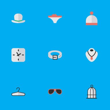 Vektör çizim basit ekipman simgeler kümesi. Öğeleri elbise kanca, kayış, zaman ve diğer eş anlamlı şapka askısı ve Fedora.