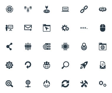 Vektör çizim basit Seo simgeler kümesi. Öğeleri gruplandırma, füze, World Wide Web ve diğer eş anlamlı sözcükler zarf, füze ve birim.