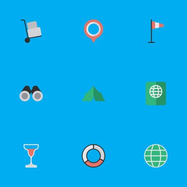 Vektör çizim basit tatil simgeler kümesi. Öğeleri görme duyusuyla ilgili vınlamak, sertifika, şarap ve diğer eş anlamlı yeleğini dürbün ve Rüzgar.