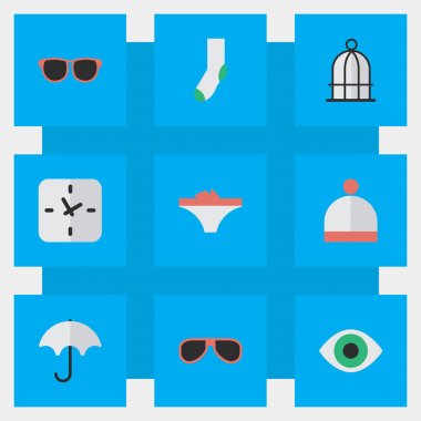 Vektör çizim basit ekipman simgeler kümesi. Öğeleri şemsiye, iç çamaşırı, kuş kafesi ve diğer eş anlamlı vizyon görüntülemek ve saat.