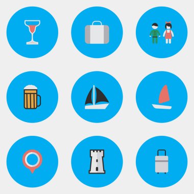 Vektör çizim Set basit simgeler sakin ol. Öğeleri Mark, kule, Bagaj ve diğer eş anlamlı bavul, kule ve çanta.