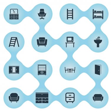 Vektör çizim basit mobilya simgeler kümesi. Öğeleri göğüs çekmeceler, merdiven, dolap ve diğer eş anlamlı iş, perde ve yatak odası.